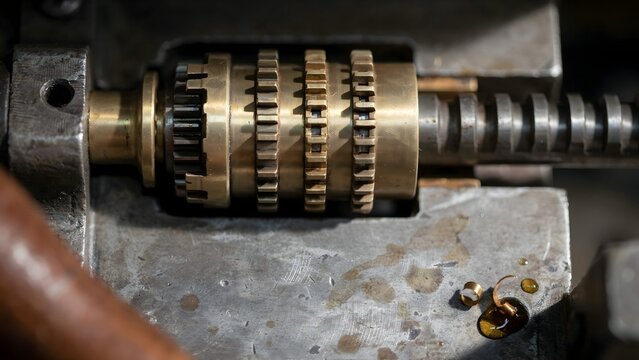 Close-up of metal gear mechanism with rotating gears and threaded rod