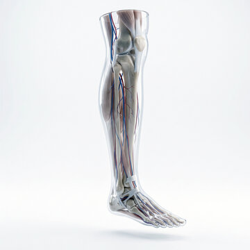 Isolated 3d medical model of a human leg showing skeletal and muscular structures on white.