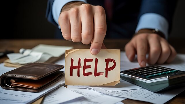 Businessman holding a small sign with the word help written in red ink while sitting at a desk with a calculator and financial documents