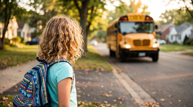 Schoolgirl with colorful backpack watching yellow school bus arrive at the bus stop