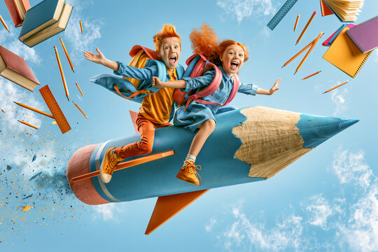 Two happy school kids riding a giant pencil rocket, flying books and pencils, back to school and education concept