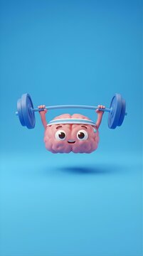 Cartoon 3D brain character lifting a heavy barbell.