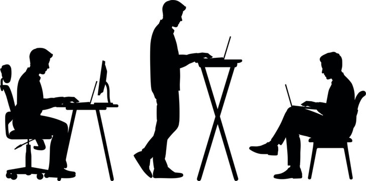  Office workers silhouettes working on laptops at sitting and standing desks for ergonomic corporate workplace design layout