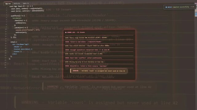 Close up of computer screen showing software code with error messages and debugging process
