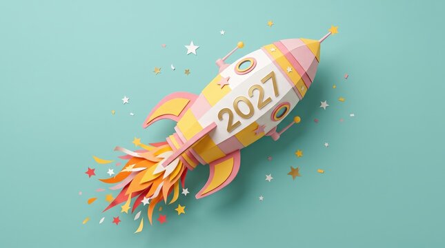 Colorful Paper Rocket Launching into Space with Cheerful Confetti and Stars for New Year 2027