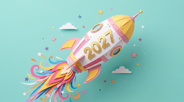 Bright and Colorful Paper Rocket with the Year 2027 Against a Playful Sky Background
