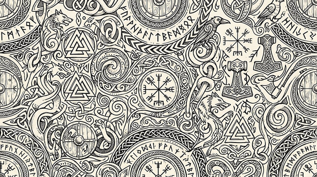 Intricate seamless pattern featuring various Norse mythology symbols, runes, and Viking age motifs in a detailed black and white illustration style.