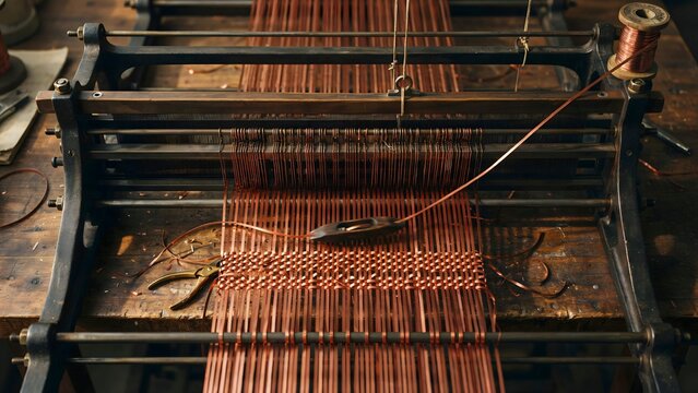 Vintage loom machine with wooden frame and copper wire weaving setup