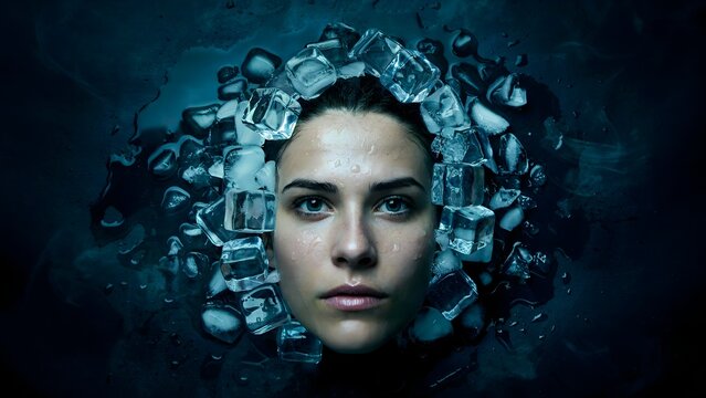 Portrait of a woman surrounded by ice cubes in dark water with moody lighting