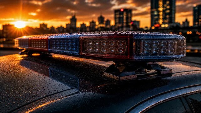 Cinematic 4K macro footage of a police car emergency light bar flashing and turning off at sunset. Perfect for crime documentaries, breaking news broadcasts, and cinematic movie B-roll
