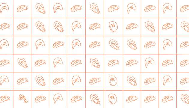 Minimalist seamless pattern featuring red line art illustrations of meat cuts and bones on a grid background.