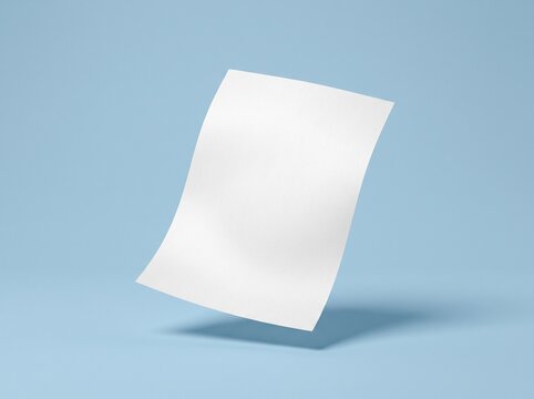 Single blank white paper sheet floating gracefully against a solid light blue backdrop creating a clean minimalist aesthetic for professional branding and creative design project mockups