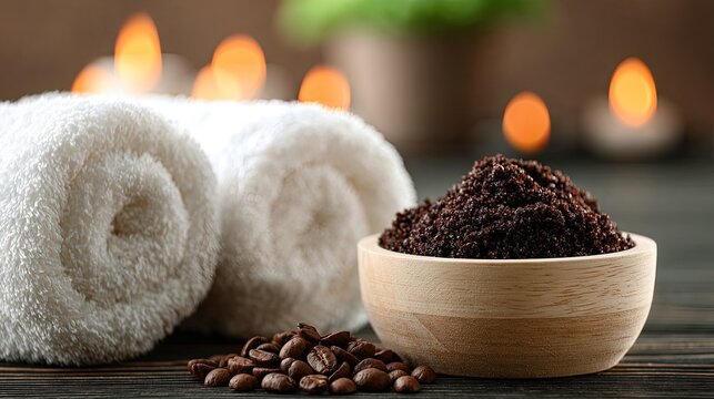 Soothing spa scene with rolled towels, coffee scrub, beans, and lit candles