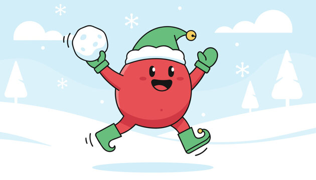 Cute red round elf character jumping happily in the air while throwing a snowball in a winter forest landscape.