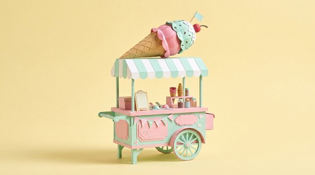 Colorful Ice Cream Cart with Delicious Treats and Whimsical Decoration on Soft Yellow Background