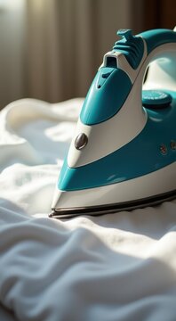 Blue and white iron sitting on a bed