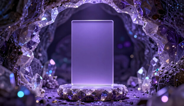 Vertical blank glass frame mockup on raw crystal podium inside glowing purple geode cave