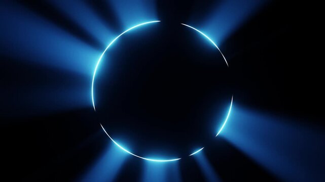 Animated glowing neon ring loop with bright blue light rays radiating outward. Perfect as a futuristic frame for logos, video intros, sci-fi overlays, cyberpunk titles, and motion graphics.
