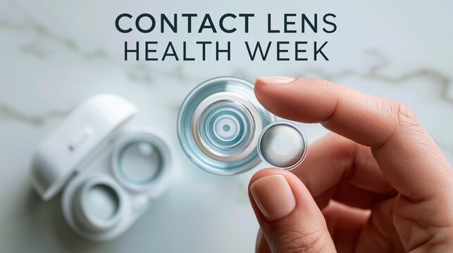 Contact Lens Health Week: commercial banner photograph, overhead flatlay of a contact lens case, solution bottle and lens on a fingertip against a soft white marble background