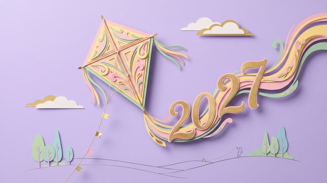 Colorful Paper Art Design for New Year Celebration with Kite and Stylized Number 2027