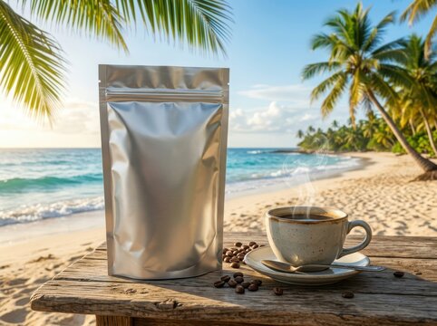 Blank coffee bag packaging and a hot cup of coffee on a wooden table at a beautiful tropical beach with palm trees and ocean