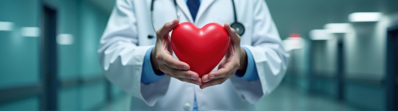 Male doctor holding a red heart in a hospital hallway