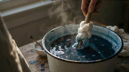 Fototapeta premium Person Dipping Fabric Knot into Dye Vat for Textile Coloring Process