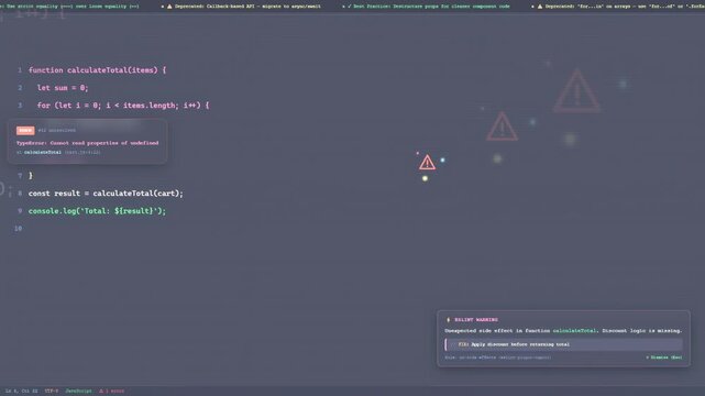 Close up of computer screen showing javascript code with software development debugging and programming