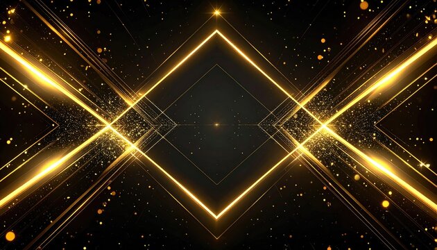 Geometric gold lines create a rhombus shape against a dark backdrop sprinkled with blurred bokeh and faint light trails