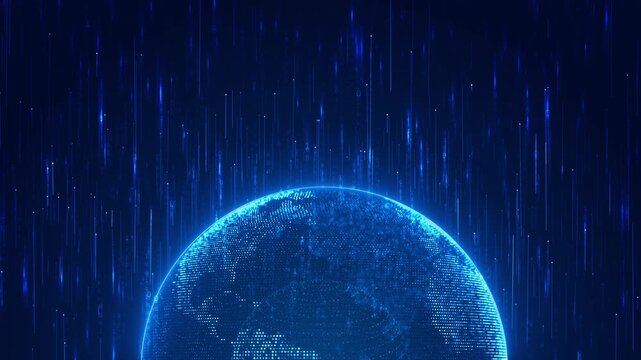 Digital earth binary rain visual with glowing blue globe, vertical data lines, and dark global atmosphere. Perfect for AI videos, network screens, communication titles, and technology overlays.