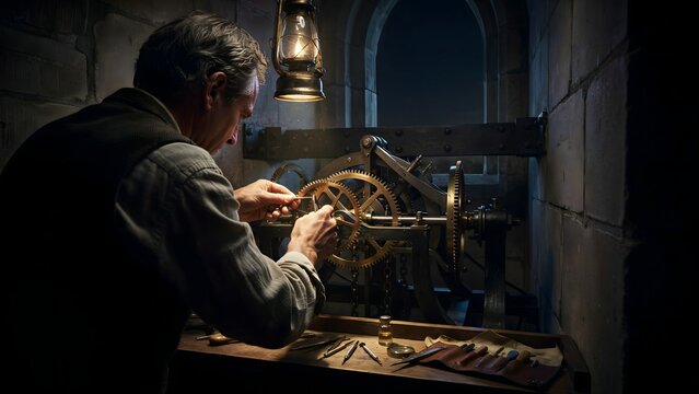 Man Working on Mechanical Clock Mechanism in Dimly Lit Workshop