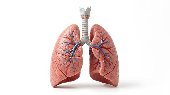 3D render of human lungs with trachea and bronchial tree on white background.