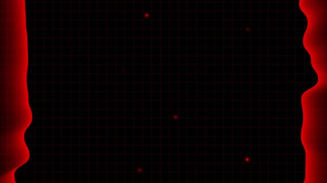 Red wavy borders frame dark grid background abstract animation. Wavy borders pattern includes scattered glowing dots. Borders frame loop serves as clean screen outline.