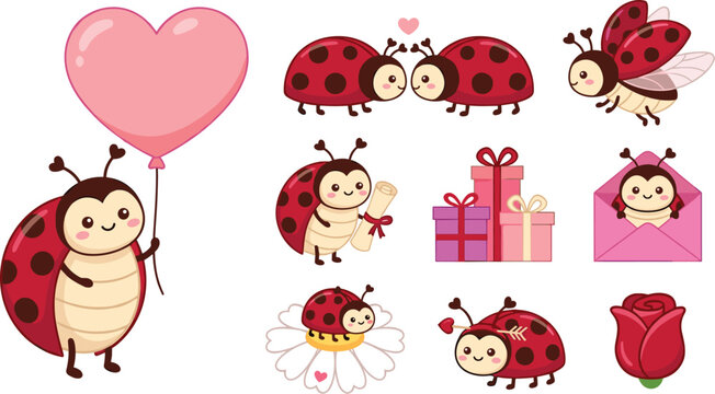 Cute Ladybug Love Illustration Set With Hearts Gifts Flower And Romantic Insect Character Elements Collection