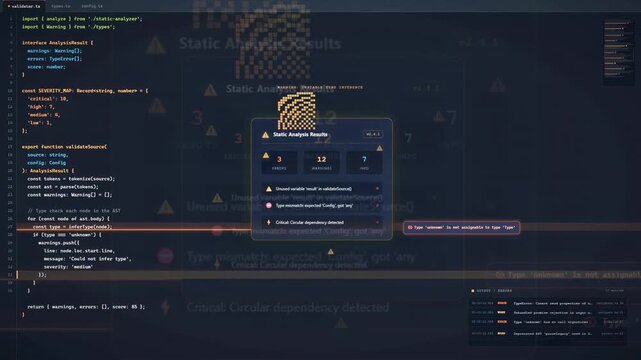 Digital interface showing complex computer code and static analysis results on a dark screen