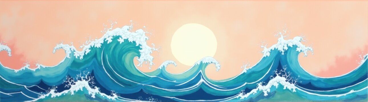 Painting of a wave with a sun setting in the background