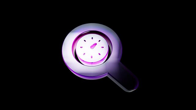 3d render of a glossy purple magnifying glass icon with a clock face inside on black background 3D Icon