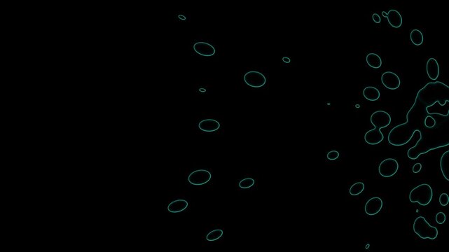 Teal outline shapes blue bubble animation float on black backdrop. Outline shapes layout creates simple abstract floating vector art. Bubble animation loop serves as backdrop.