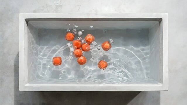 White rectangular tub filled with floating orange balls and rippling water surface