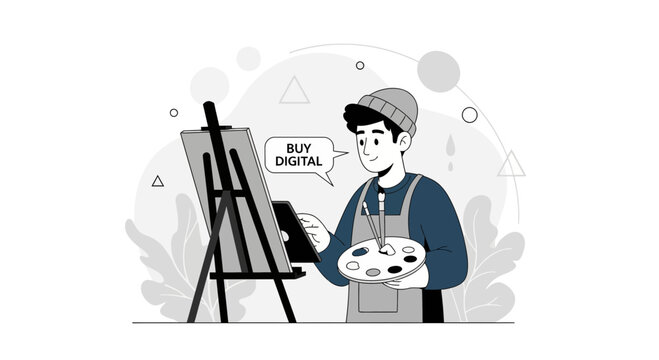 Artist painting digitally on tablet with "Buy Digital" message, conveying modern art creation and online sales.