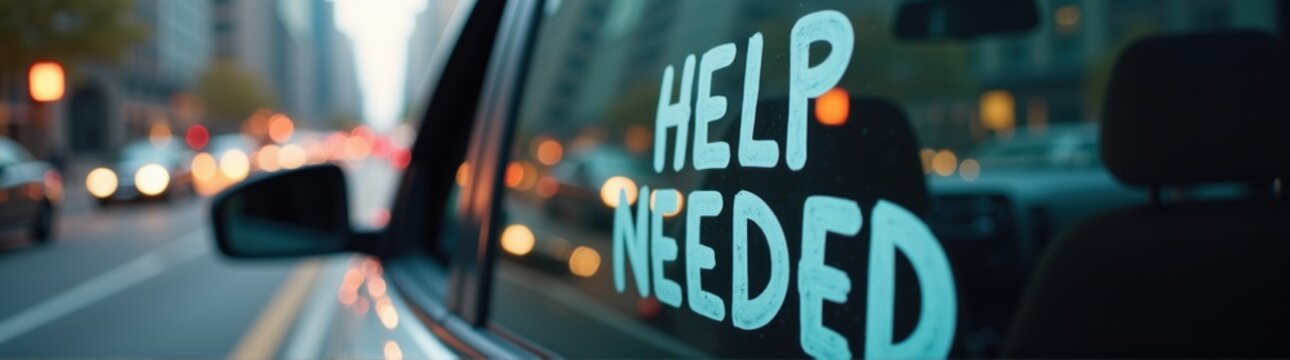 Cars are driving down the street with a sign that says help needed