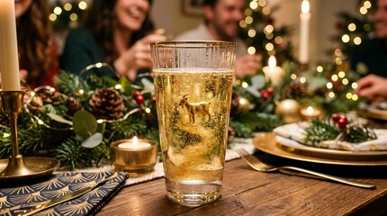 Obraz premium Glass of champagne at christmas dinner party celebration with champagne celebration christmas sparkling
