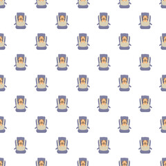 Seamless pattern featuring cute pug dog sitting in a secure car seat