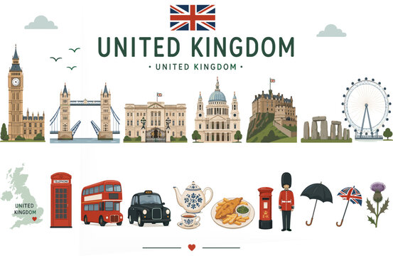 United Kingdom Travel Landmarks Collection. Flat Vector Set with British Landmarks and Traditional Cultural Symbols