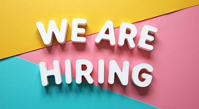 Sign that says we are hiring on a colorful background