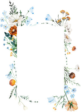 Watercolor frame with blue, ivory and orange wildflowers, rustic isolated illustration for stationery