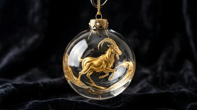 Gold goat ornament inside a clear glass bauble hanging against a dark velvet background with ornament, precious