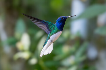 Fototapeta premium Florisuga mellivora White-necked jacobin Kolibřík bělokrký, Best Humminbird from Ecuador in the flight, wildlife from tropic jungle. Wildlife scene from nature. Hummingbird with flower, in flight.