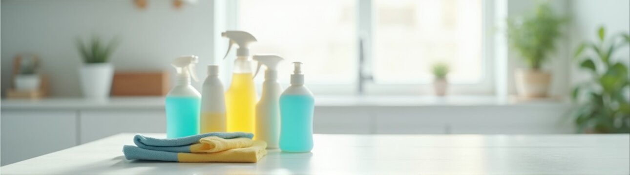 Bottles of cleaning products on a table