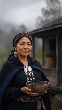 Mapuche woman holding a traditional herbal medicine bowl beside her rural home with copy space